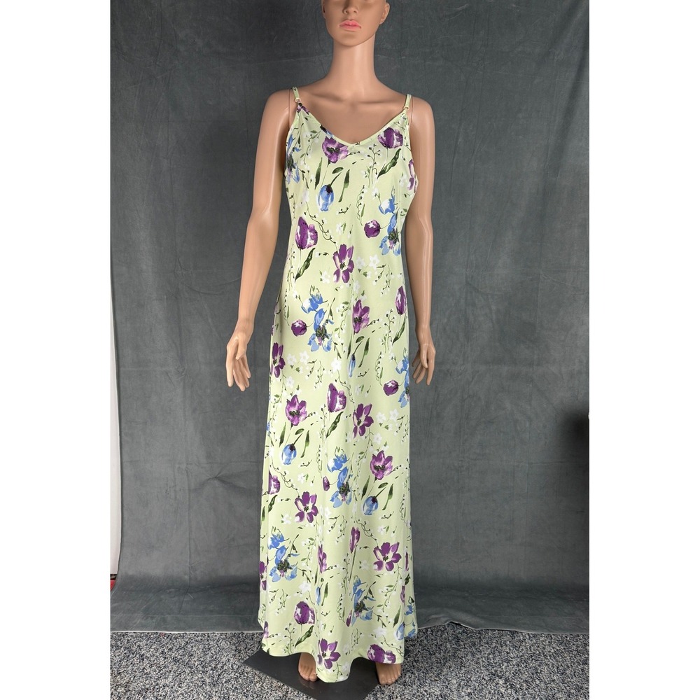 Vintage Express Floral Maxi Dress 11/12 Green Purple‎ Tulip Slip 90s Straps